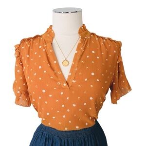J. Crew Point Ur Ruffle Abstract Polka Dot Blouse Burnt Orange Yellow Sz S